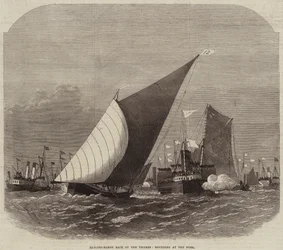 Carrera de barcazas de vela en el Támesis, girando en el Nore